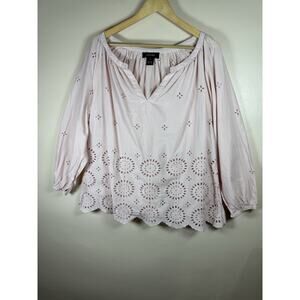 Karen Kane Womens Plus Size Blouse 100% Cotton Eyelet Pink Peasant 1X Coastal